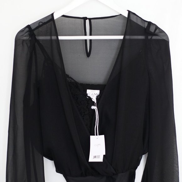BNWT Cami NYC Silk & Lace Teresa V-Neck Bodysuit in Black, Sz. S/US 2, RRP$345 - Picture 3 of 7